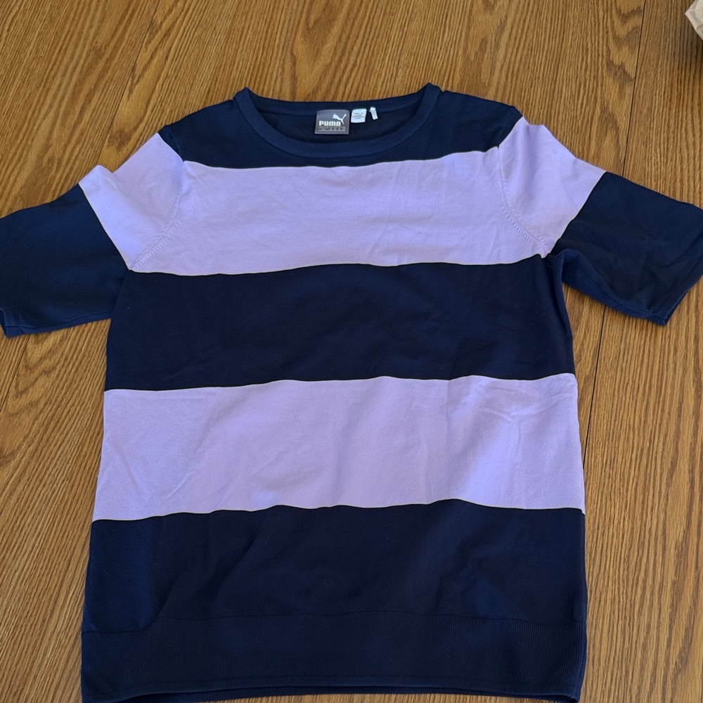 PUMA Women's Golf Navy and Lavender Striped Short-Sleeve Top